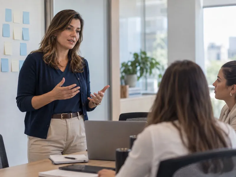 Coordenadora de captação conversando com dois consultores de matrícula numa sala de reunião clara, planejando o período com calma