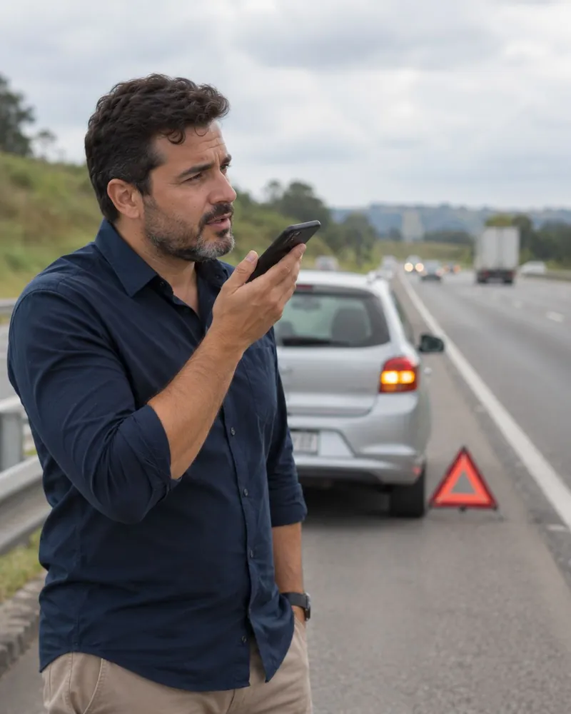 Motorista no acostamento de uma rodovia, ao lado do carro com o pisca-alerta ligado, gravando um áudio no celular