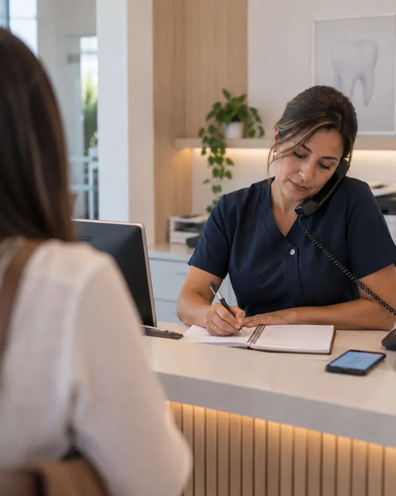Recepcionista de clínica atrás do balcão, com o telefone no ombro e o celular da clínica sobre a mesa, enquanto uma paciente espera