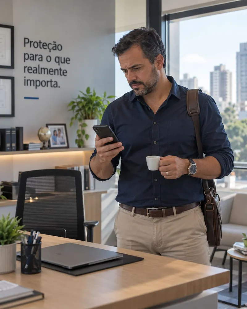 Corretor de seguros chegando à corretora de manhã, olhando no celular os pedidos de cotação que chegaram à noite