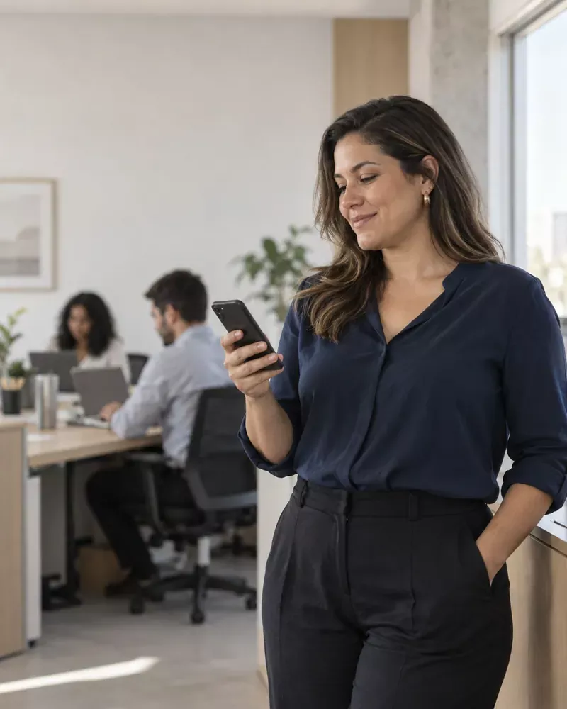 Gestora de atendimento acompanhando a operação pelo celular, com a equipe trabalhando ao fundo